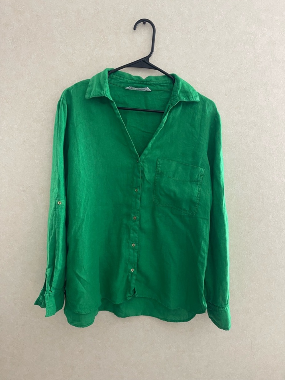 Zara Green Linen Blend Button Up Shirt with Pocket - Size L